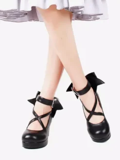 Sweet Lolita Shoes Talons à plateforme Bow Toe Round Cross Front Lolita Pompes