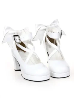 Talons hauts Chunky blanc Lolita Chaussures cheville sangle Bow Decor Déguisements Halloween
