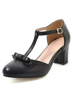 Talons mi-bas pour femmes Talon épais rétro Bandage de type T Talons élégants Chaussures vintage