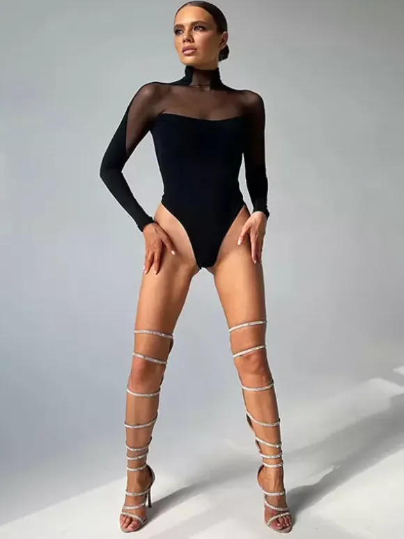 Tenue D'Été Body Une Pièce En Polyester À Manches Longues Col Top Noir
