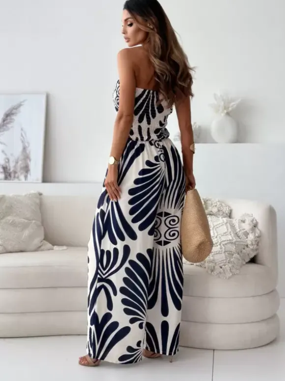 Tenue d'été droite une pièce en polyester sans bretelles imprimée bleu marine foncé