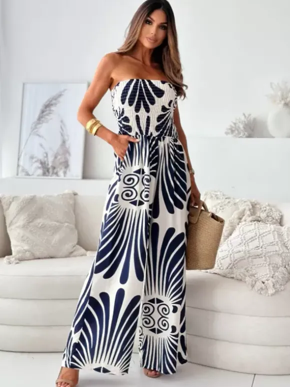 Tenue d'été droite une pièce en polyester sans bretelles imprimée bleu marine foncé