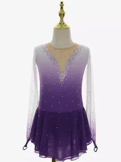 Tenue élégante de patinage artistique robe de patinage à manches longues en maille perlée et strass.
