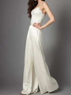 Tenue mariage femme combinaison mariée ivoire à fine bretelle zip sur dos