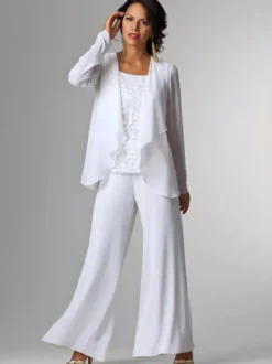 Tenue de mère de mariée Tenue de mariage d'invitée blanche en chiffon 3 pièces