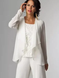 Tenue de mère de mariée Tenue de mariage d'invitée blanche en chiffon 3 pièces