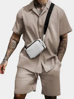 Tenue de Sport Homme 2 Pièces Manches Courtes Col Rabattu Rose