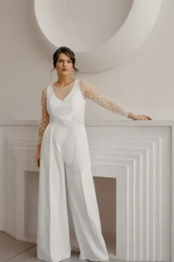 Tenue mariage femme combinaison mariée col V manche longue transparent blanche