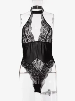 Tenues De Club Tops Sexy Dentelle Sans Manches PU Cuir Transparent
