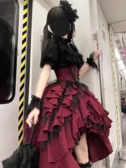 Tenues gothiques Lolita en dentelle noire à volants et à volants en jacquard col orné chemisier à manches courtes et jupe pour soirée thé