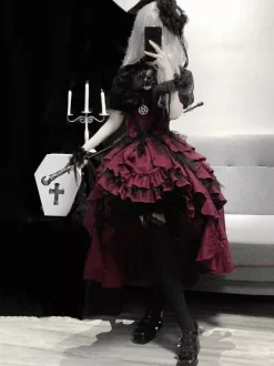 Tenues gothiques Lolita en dentelle noire à volants et à volants en jacquard col orné chemisier à manches courtes et jupe pour soirée thé