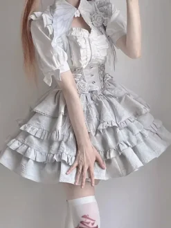 Tenues gothiques Lolita noires à lacets et volants en jacquard ensemble haut et jupe à manches courtes