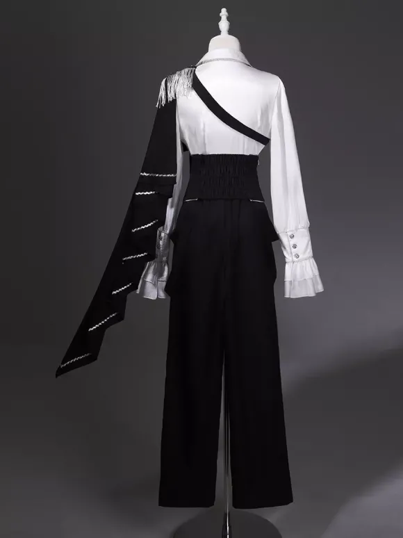 Tenues Ouji Lolita Gothique : cape à manches longues haut blanc ceinture noire et pantalon