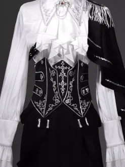 Tenues Ouji Lolita Gothique : cape à manches longues haut blanc ceinture noire et pantalon