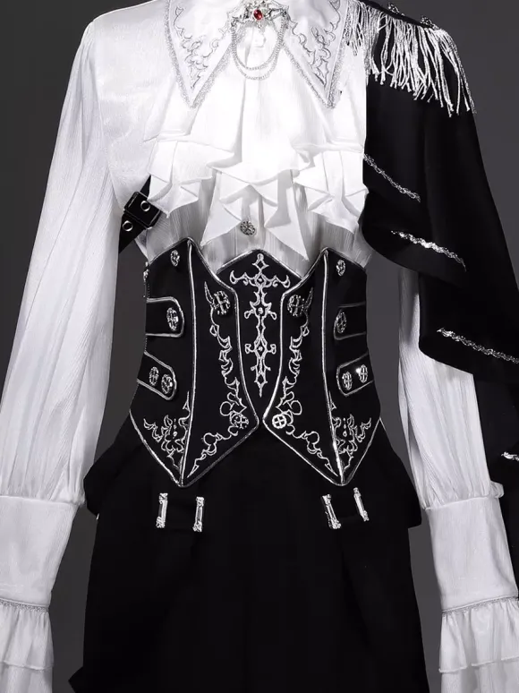 Tenues Ouji Lolita Gothique : cape à manches longues haut blanc ceinture noire et pantalon