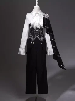 Tenues Ouji Lolita Gothique : cape à manches longues haut blanc ceinture noire et pantalon