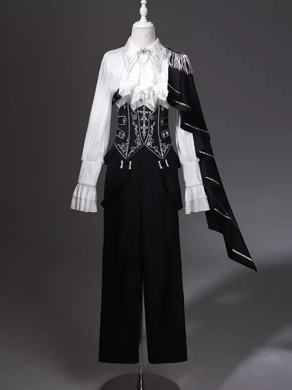 Tenues Ouji Lolita Gothique : cape à manches longues haut blanc ceinture noire et pantalon