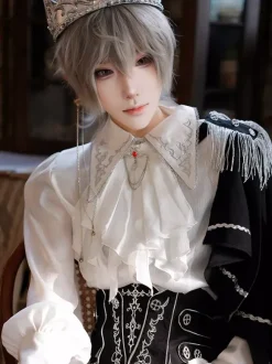 Tenues Ouji Lolita Gothique : cape à manches longues haut blanc ceinture noire et pantalon