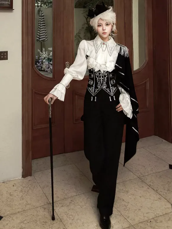 Tenues Ouji Lolita Gothique : cape à manches longues haut blanc ceinture noire et pantalon