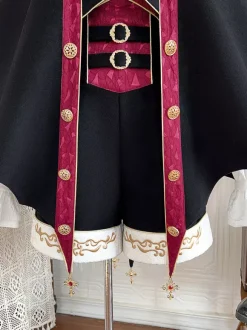 Tenues Ouji Lolita noires à manches longues pantalon et manteau Prince noirs et rouges