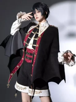 Tenues Ouji Lolita noires à manches longues pantalon et manteau Prince noirs et rouges