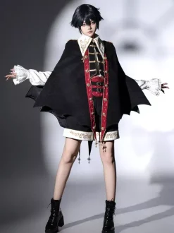 Tenues Ouji Lolita noires à manches longues pantalon et manteau Prince noirs et rouges