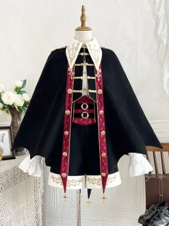 Tenues Ouji Lolita noires à manches longues pantalon et manteau Prince noirs et rouges