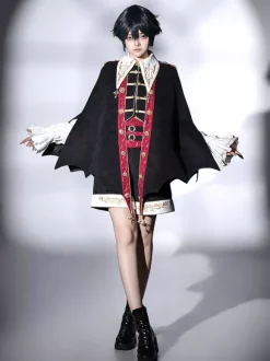 Tenues Ouji Lolita noires à manches longues pantalon et manteau Prince noirs et rouges