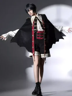 Tenues Ouji Lolita noires à manches longues pantalon et manteau Prince noirs et rouges