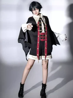 Tenues Ouji Lolita noires à manches longues pantalon et manteau Prince noirs et rouges
