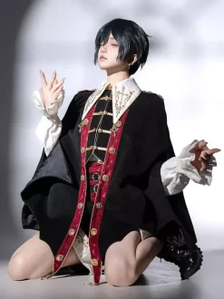 Tenues Ouji Lolita noires à manches longues pantalon et manteau Prince noirs et rouges