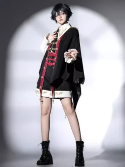 Tenues Ouji Lolita noires à manches longues pantalon et manteau Prince noirs et rouges