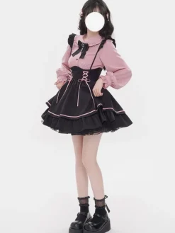 Tenues Steampunk Lolita bleu ciel clair volants à lacets manches longues jupe chemisier
