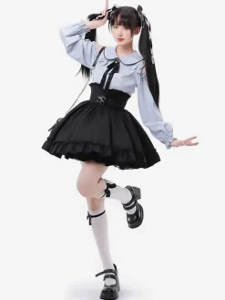 Tenues Steampunk Lolita bleu ciel clair volants à lacets manches longues jupe chemisier