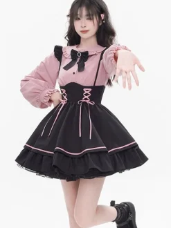 Tenues Steampunk Lolita bleu ciel clair volants à lacets manches longues jupe chemisier