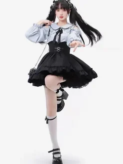 Tenues Steampunk Lolita bleu ciel clair volants à lacets manches longues jupe chemisier