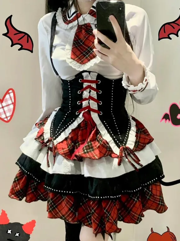 Tenues Steampunk Lolita Jupe à Manches Longues à Volants à Carreaux Rouges à Lacets