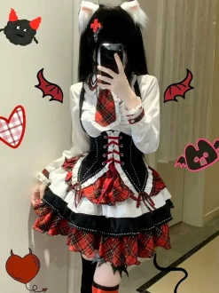 Tenues Steampunk Lolita Jupe à Manches Longues à Volants à Carreaux Rouges à Lacets