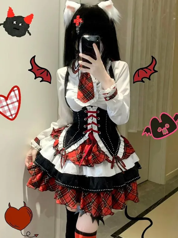 Tenues Steampunk Lolita Jupe à Manches Longues à Volants à Carreaux Rouges à Lacets