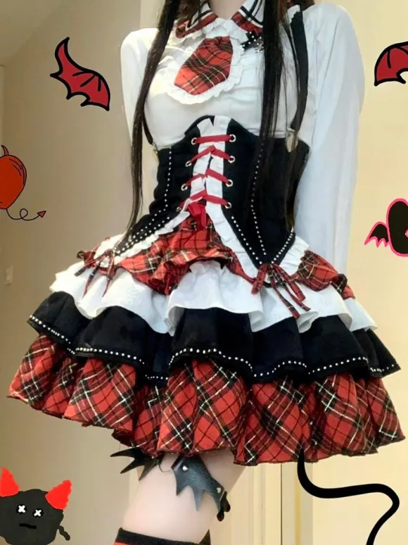 Tenues Steampunk Lolita Jupe à Manches Longues à Volants à Carreaux Rouges à Lacets