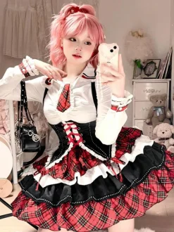 Tenues Steampunk Lolita Jupe à Manches Longues à Volants à Carreaux Rouges à Lacets