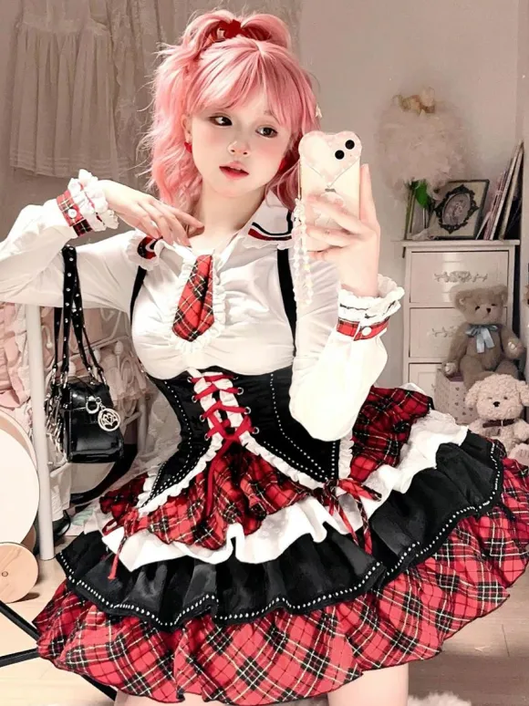 Tenues Steampunk Lolita Jupe à Manches Longues à Volants à Carreaux Rouges à Lacets