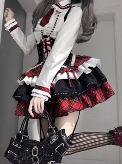 Tenues Steampunk Lolita Jupe à Manches Longues à Volants à Carreaux Rouges à Lacets