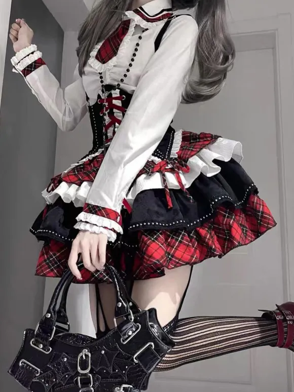 Tenues Steampunk Lolita Jupe à Manches Longues à Volants à Carreaux Rouges à Lacets