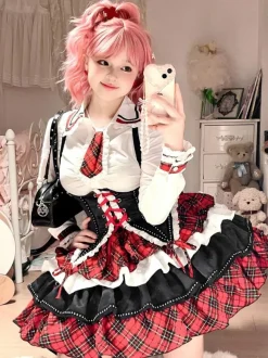 Tenues Steampunk Lolita Jupe à Manches Longues à Volants à Carreaux Rouges à Lacets
