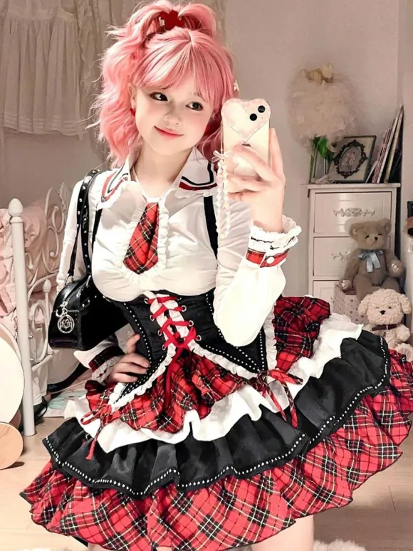 Tenues Steampunk Lolita Jupe à Manches Longues à Volants à Carreaux Rouges à Lacets