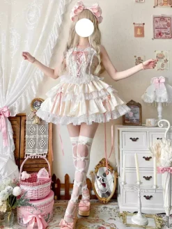 Tenues Sweet Lolita bleu ciel clair à lacets avec n艙uds en dentelle et imprimé floral ensemble haut sans manches et jupe