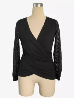 Top cache-c艙ur à col en V profond et manches longues en dentelle florale transparente pour femme 2026