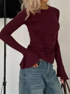 Top femme à manches longues froncées sur les côtés - Coupe ajustée et élégante avec poignets évasés - Style streetwear printemps 2026