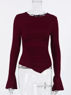 Top femme à manches longues froncées sur les côtés - Coupe ajustée et élégante avec poignets évasés - Style streetwear printemps 2026